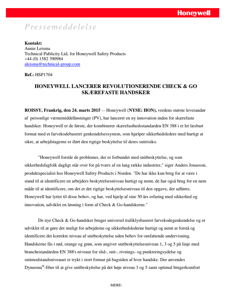  Honeywell lancerer revolutionerende Check & Go skærefaste handsker