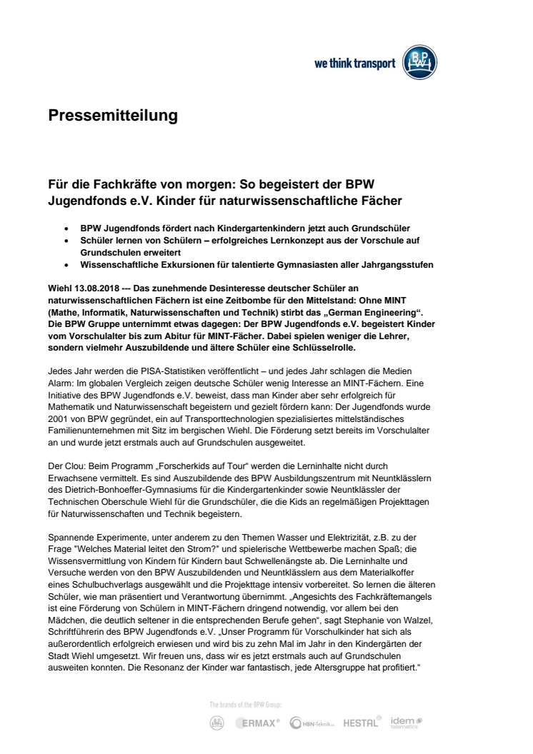 Für die Fachkräfte von morgen: So begeistert der BPW Jugendfonds e.V. Kinder für naturwissenschaftliche Fächer