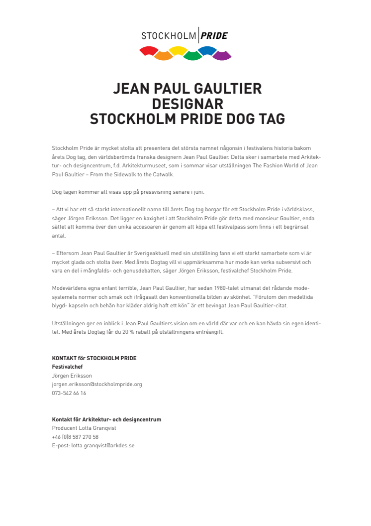Jean Paul Gaultier designar Stockholm Pride Dog Tag
