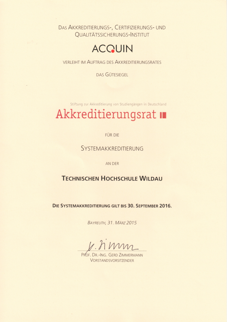 Technische Hochschule Wildau erhielt am 6. Juli 2015 Urkunde zur Systemakkreditierung 