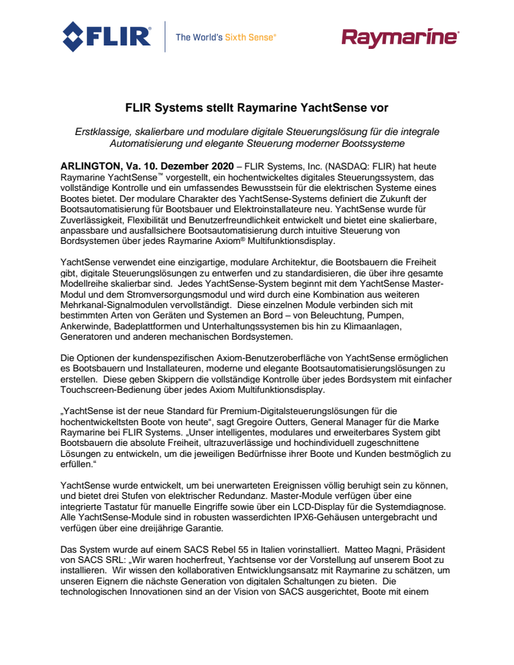 FLIR Systems stellt Raymarine YachtSense vor
