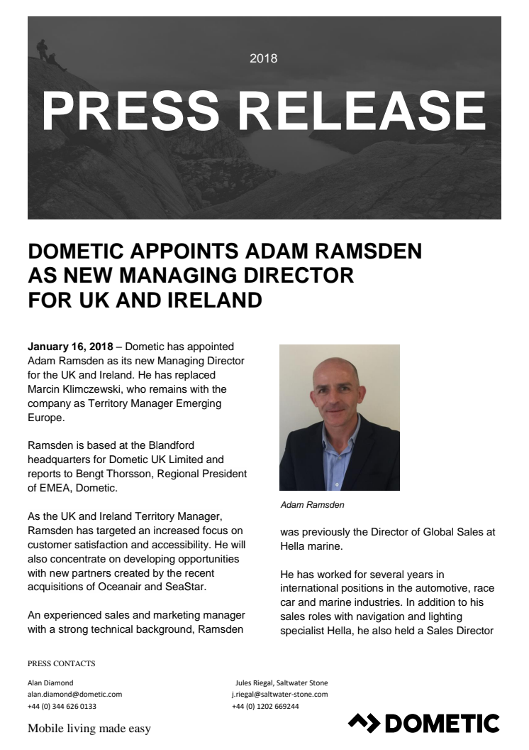 Dometic Appoints Adam Ramsden as New Managing Director for UK and Ireland