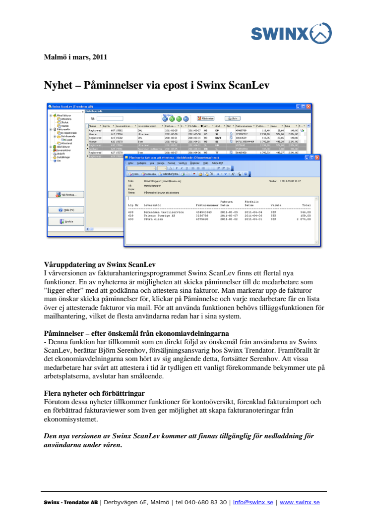 Vårnyhet 2 - Påminnelser via epost i Swinx ScanLev