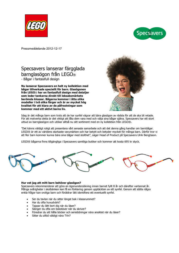 Specsavers lanserar färgglada barnglasögon från LEGO® - Bågar i fantasifull design