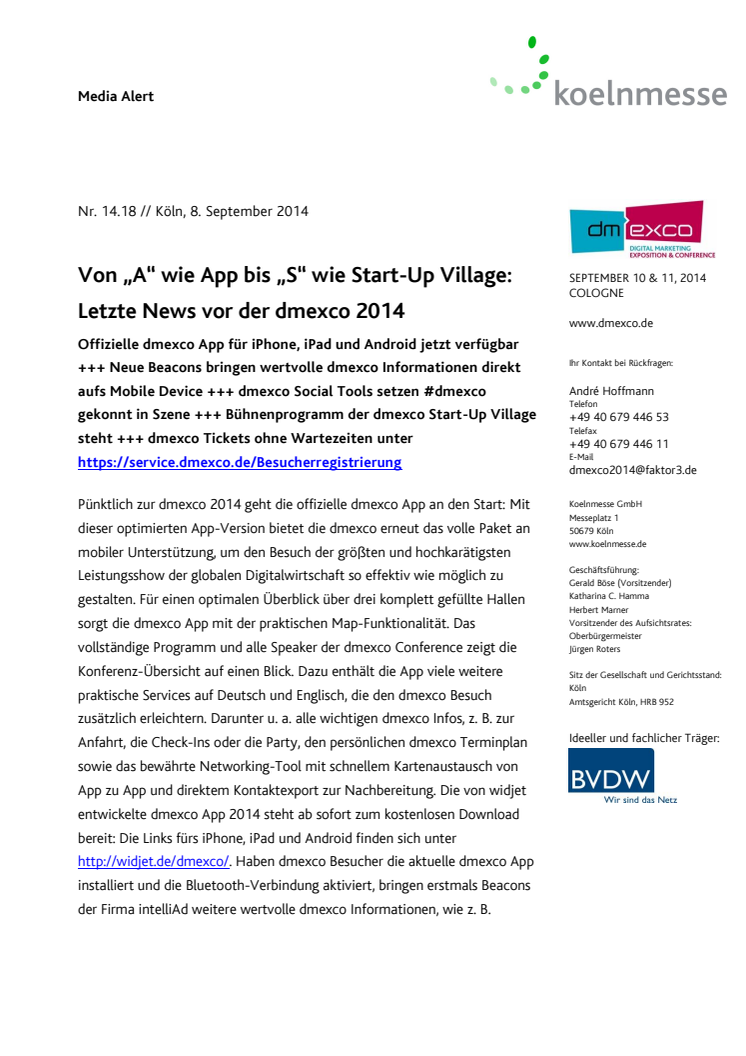 Von „A“ wie App bis „S“ wie Start-Up Village: Letzte News vor der dmexco 2014