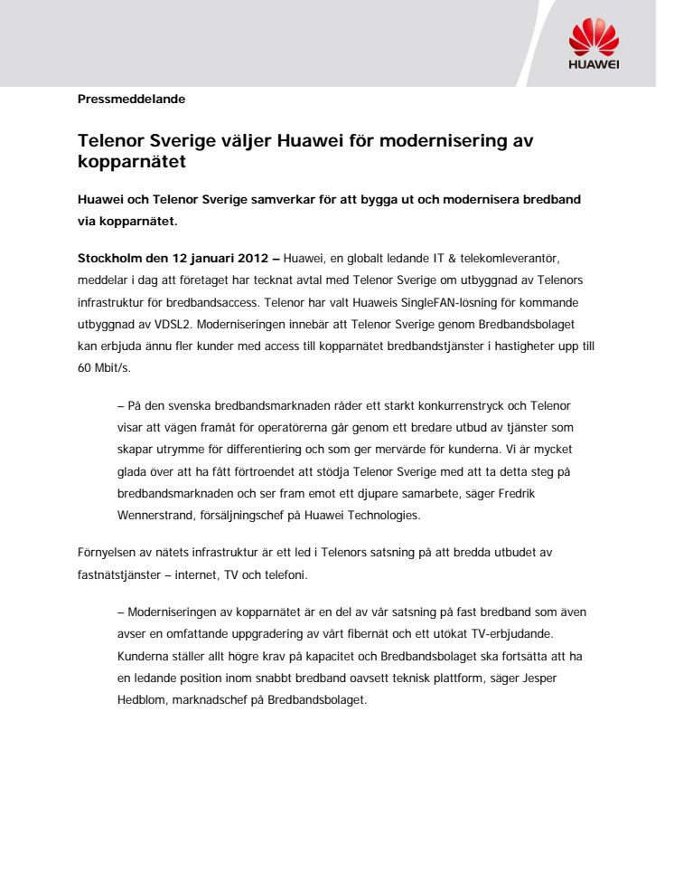 Telenor Sverige väljer Huawei för modernisering av kopparnätet