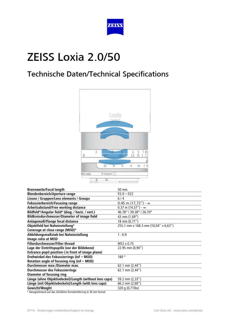 Zeiss Loxia - 50 mm F/2.0 - Tekniset tiedot