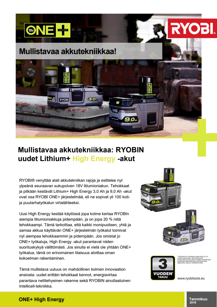 Mullistavaa akkutekniikkaa: RYOBIN uudet Lithium+ High Energy -akut