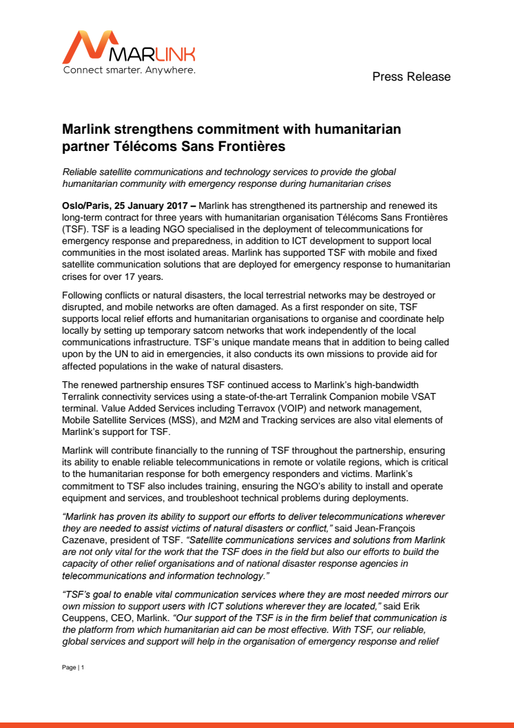 Marlink: Marlink strengthens commitment with humanitarian partner Télécoms Sans Frontières