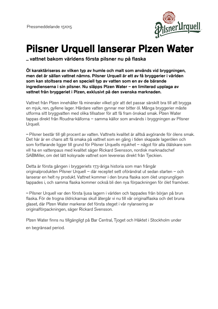 Pilsner Urquell lanserar Plzen Water – vattnet bakom världens första pilsner nu på flaska