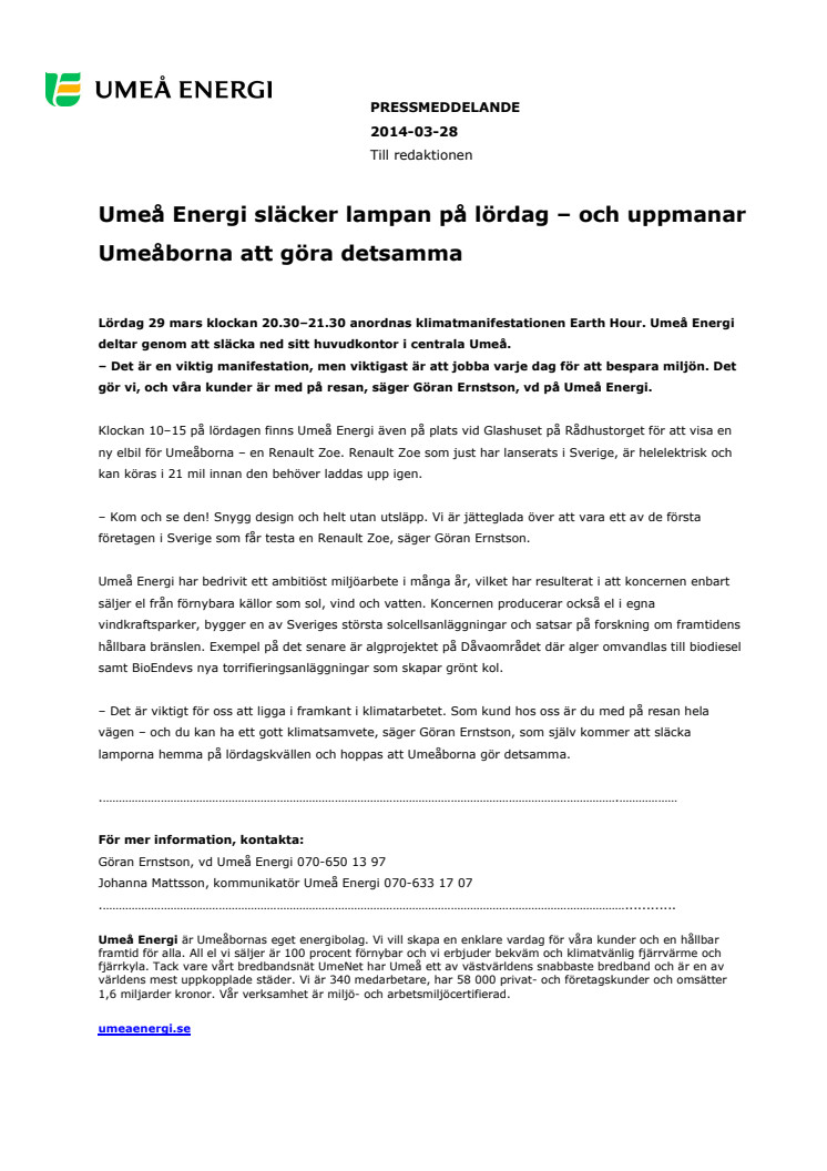 Umeå Energi släcker lampan på lördag – och uppmanar Umeåborna att göra detsamma