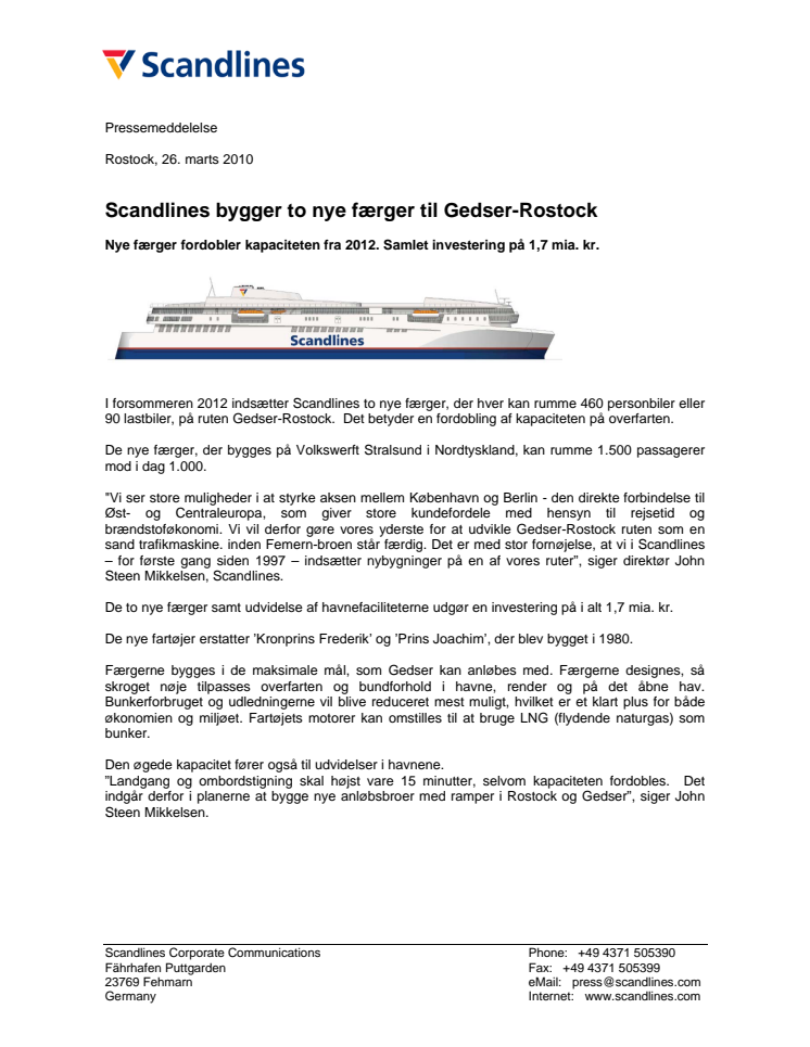 Scandlines bygger to nye færger til Gedser-Rostock