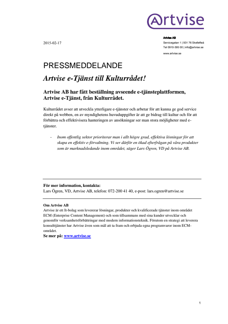 Artvise e-Tjänst till Kulturrådet!
