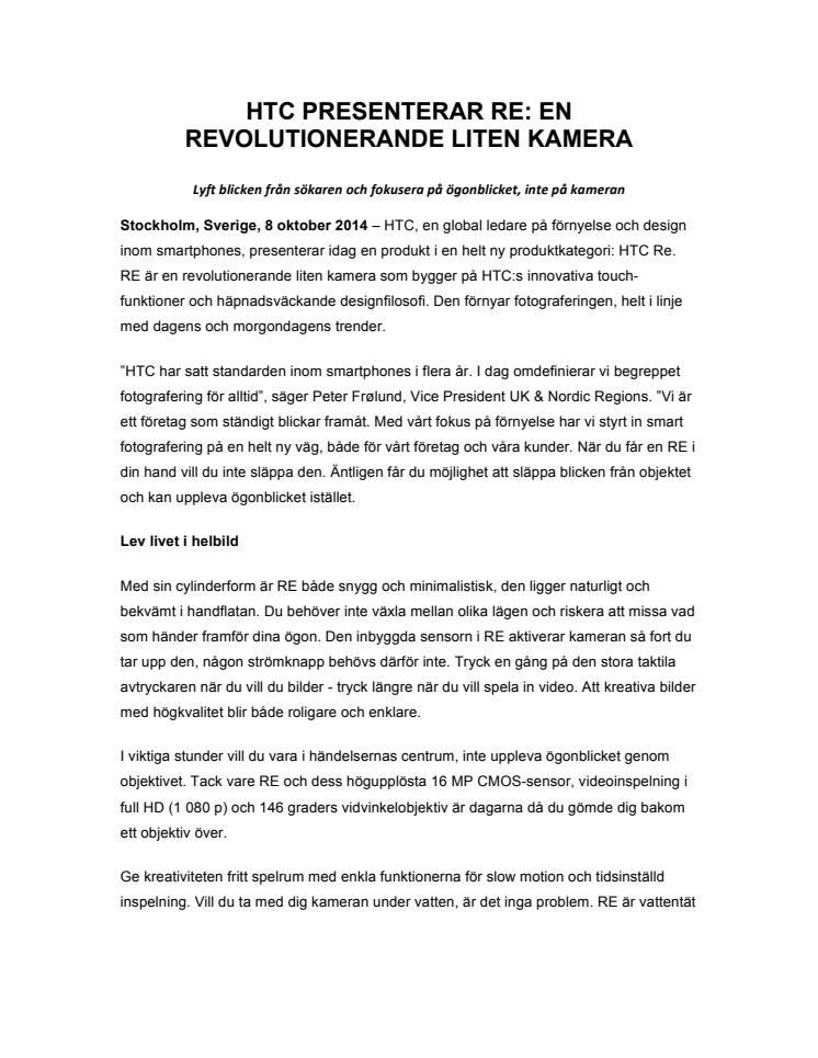HTC PRESENTERAR RE: EN REVOLUTIONERANDE LITEN KAMERA