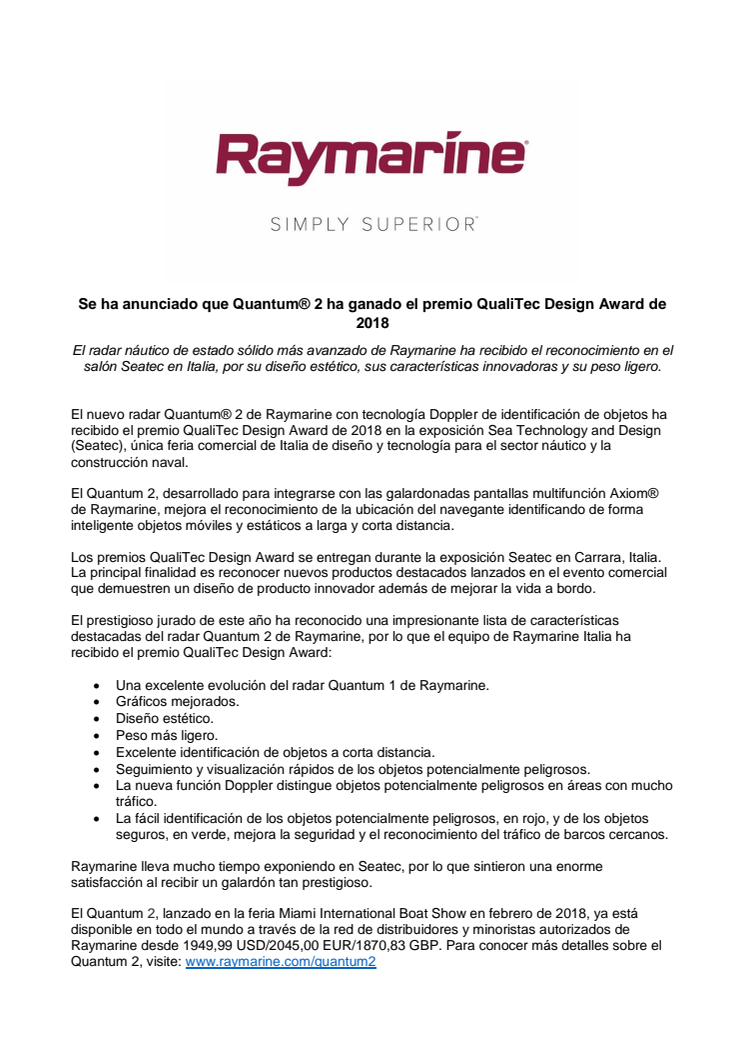 Raymarine: Se ha anunciado que Quantum® 2 ha ganado el premio QualiTec Design Award de 2018 