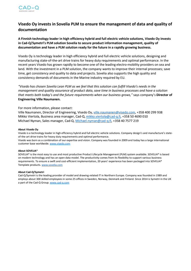 Visedo Oy invests in Sovelia PLM to ensure the management of data and quality of documentation