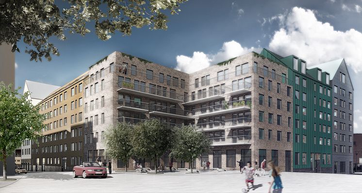 Hornsberg, vy från kvarterstorget. Bild: AIX arkitekter.