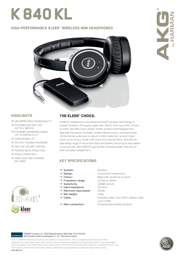 Specification sheet - AKG K 840 KL (English)