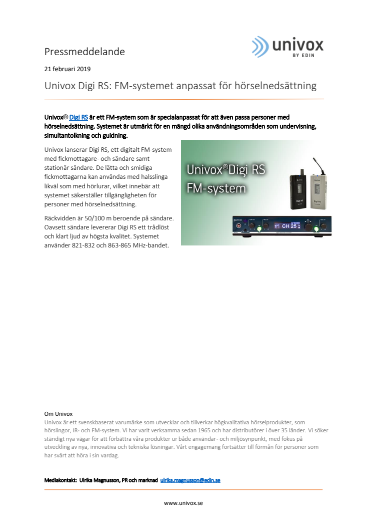 Univox Digi RS: FM-systemet anpassat för hörselnedsättning