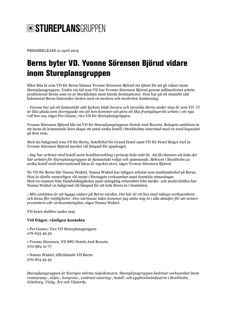Berns byter VD. Yvonne Sörensen Björud vidare inom Stureplansgruppen 