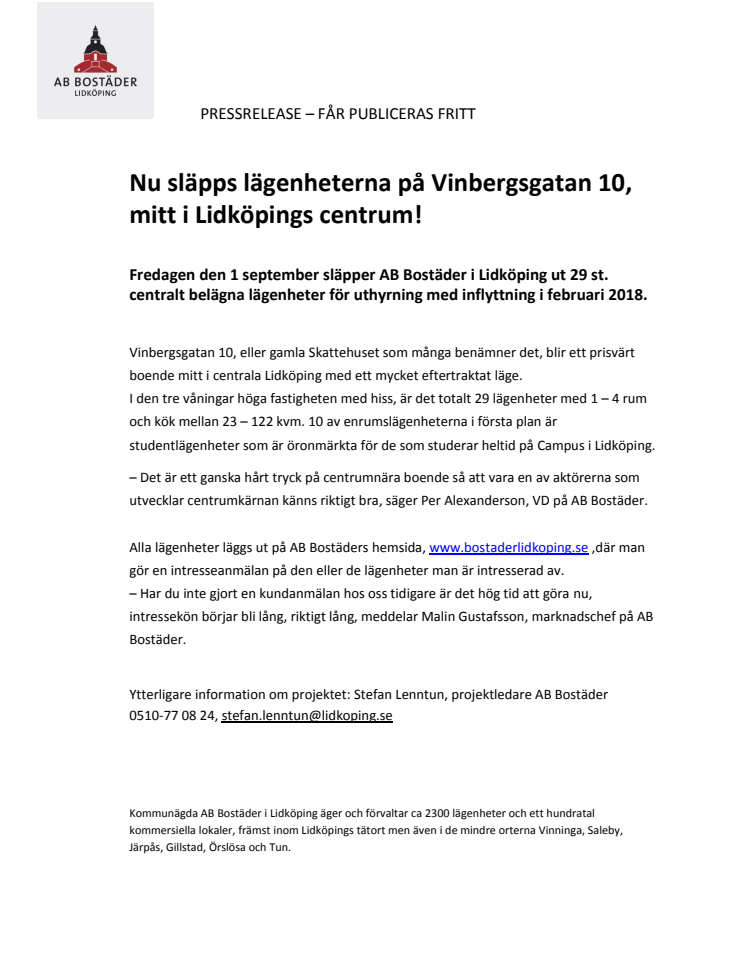 Nu släpps lägenheterna på Vinbergsgatan 10, mitt i Lidköpings centrum!