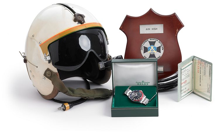 Included with the watch is Captain Sprinkel’s helicopter helmet, Rolex box, original certificate and receipt.