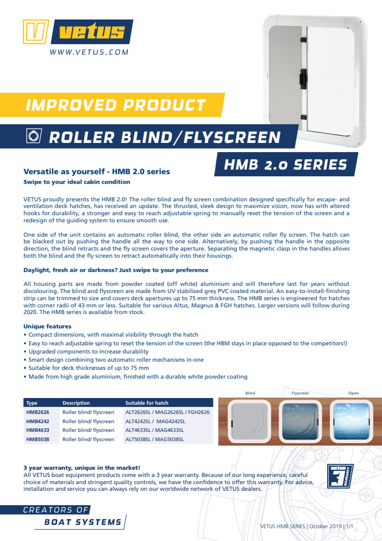 VETUS HMB 2.0 series roller blind and fly screen - Information Sheet