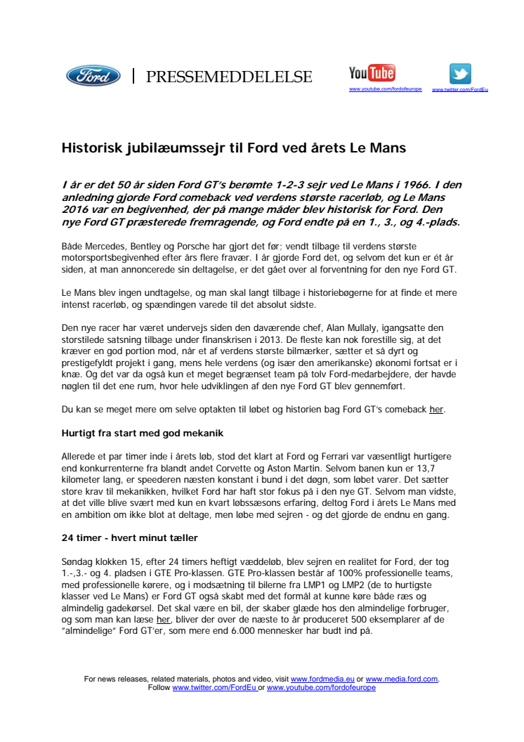 ​Historisk jubilæumssejr til Ford ved årets Le Mans