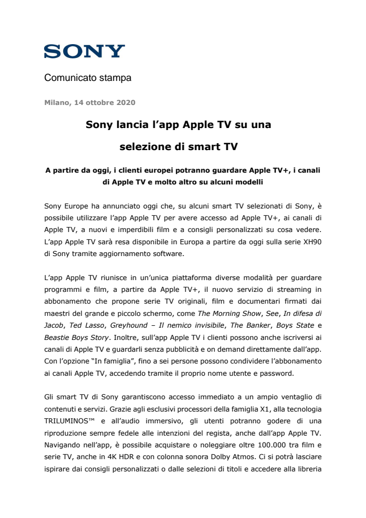 Sony lancia l’app Apple TV su una selezione di smart TV 