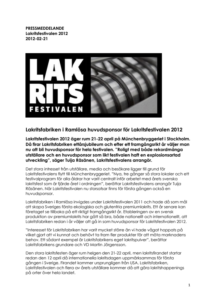 Lakritsfabriken i Ramlösa huvudsponsor för Lakritsfestivalen 2012