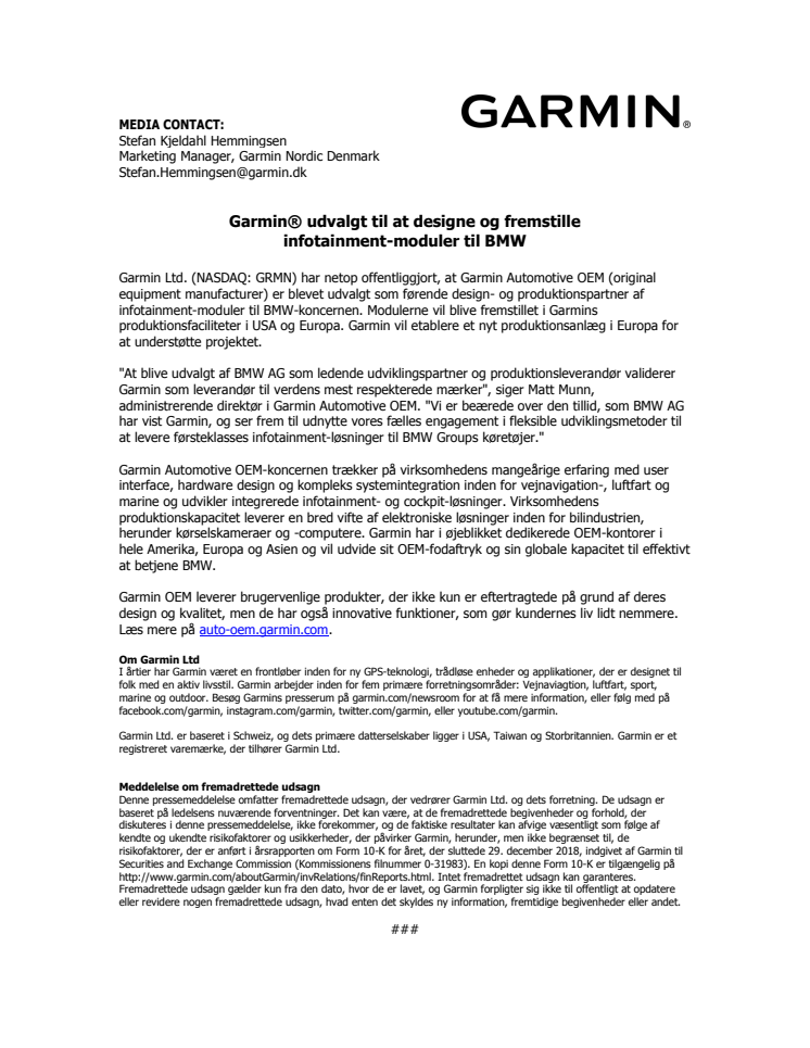 Garmin® udvalgt til at designe og fremstille  infotainment-moduler til bil producent