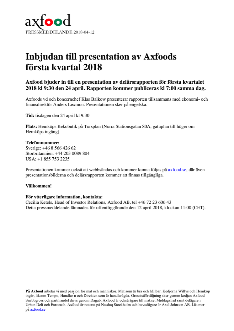Inbjudan till presentation av Axfoods första kvartal 2018