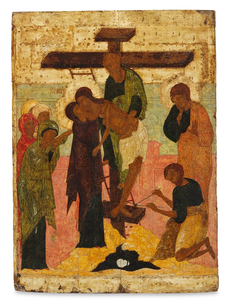 Russian church icon with a depiction of the Descent from the Cross.