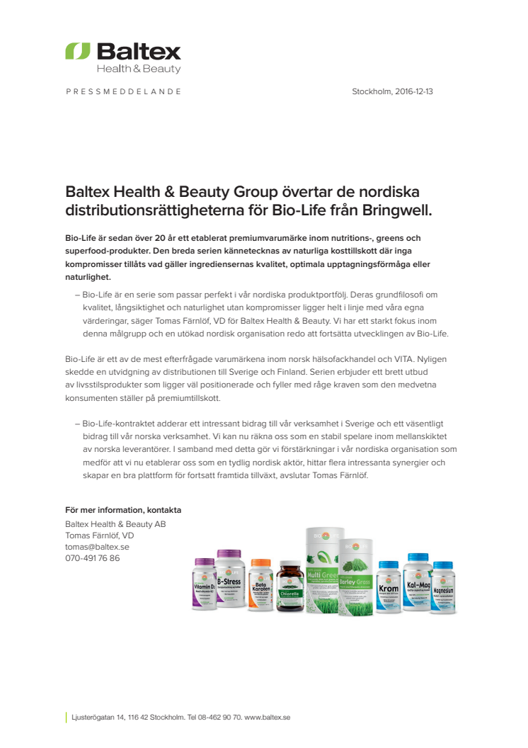 Baltex Health & Beauty Group övertar de nordiska distributionsrättigheterna för Bio-Life från Bringwell