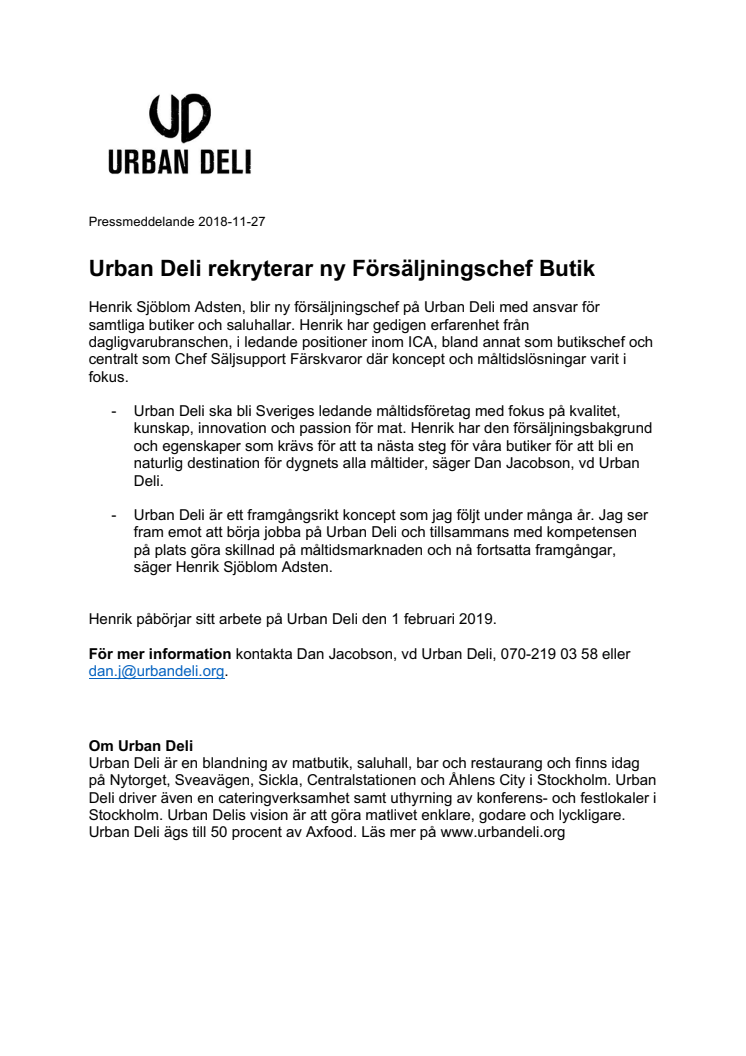 Urban Deli rekryterar ny Försäljningschef Butik 