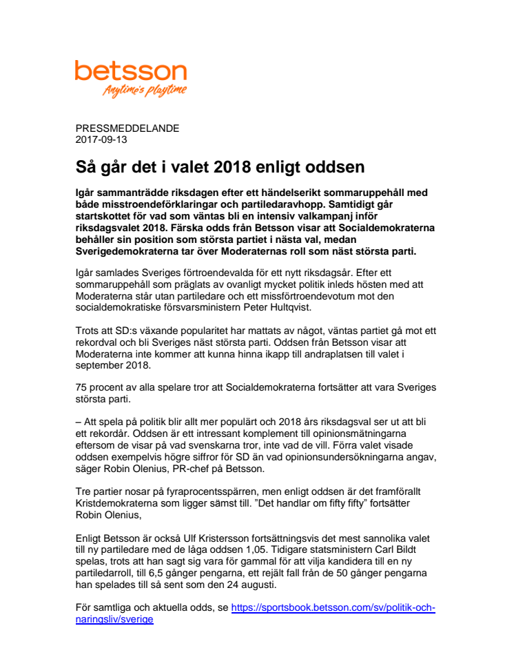 Så går det i valet 2018 enligt oddsen