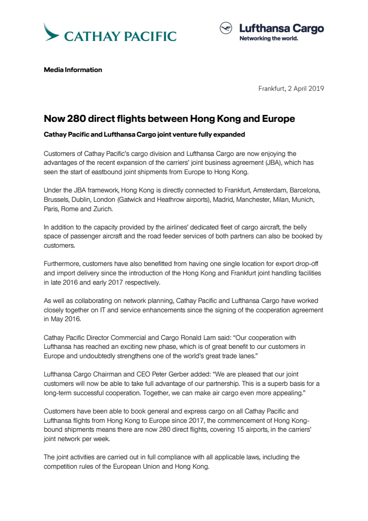 Now 280 direct flights between Hong Kong and Europe