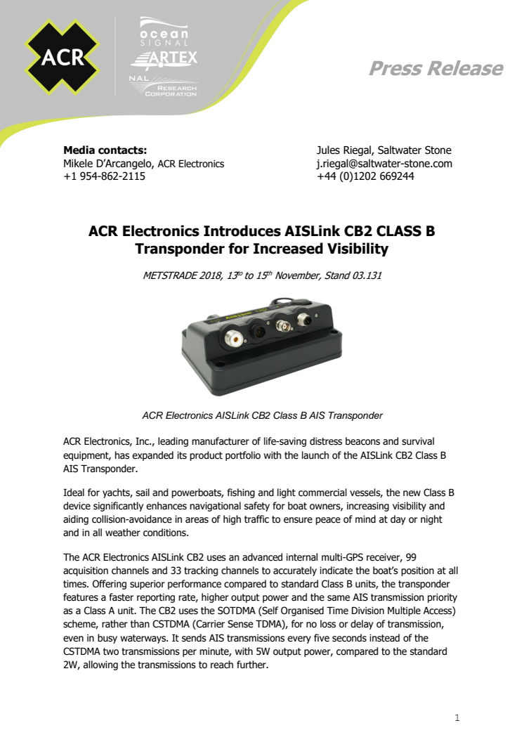 METSTRADE - ACR Electronics: ACR Electronics Introduces AISLink CB2 CLASS B Transponder for Increased Visibility