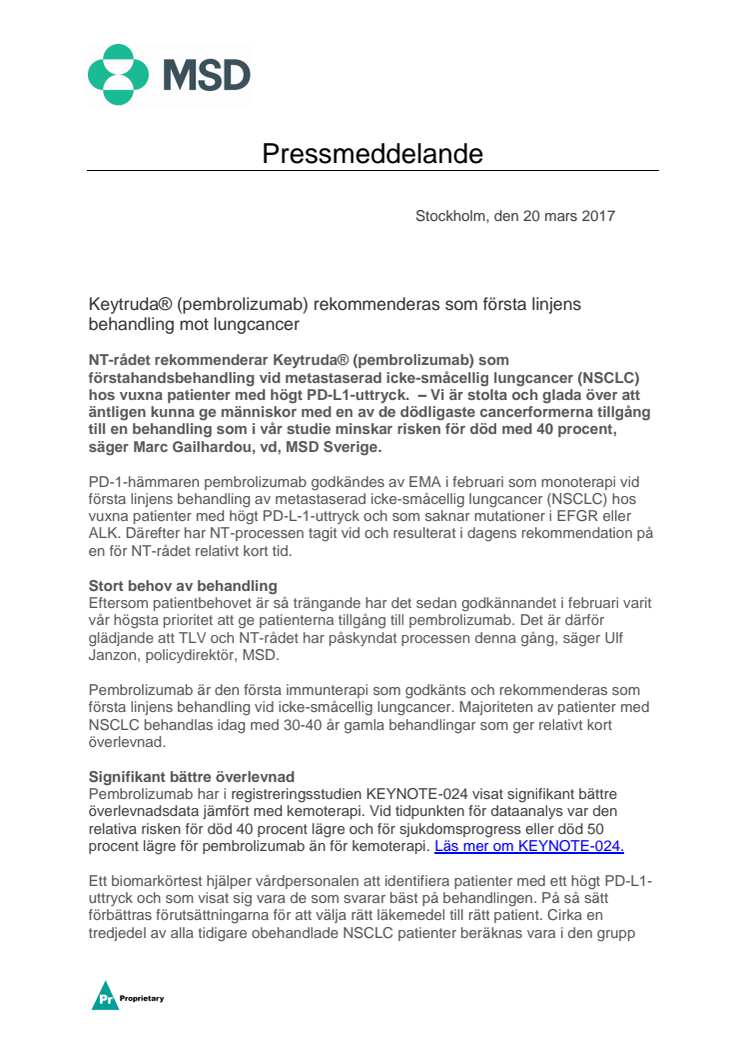 Keytruda® (pembrolizumab) rekommenderas som första linjens behandling mot lungcancer 