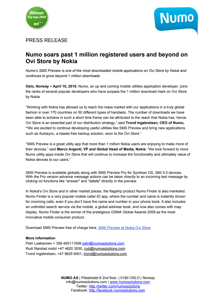 Numo soars past 1 million registered users and beyond on Ovi Store by Nokia 