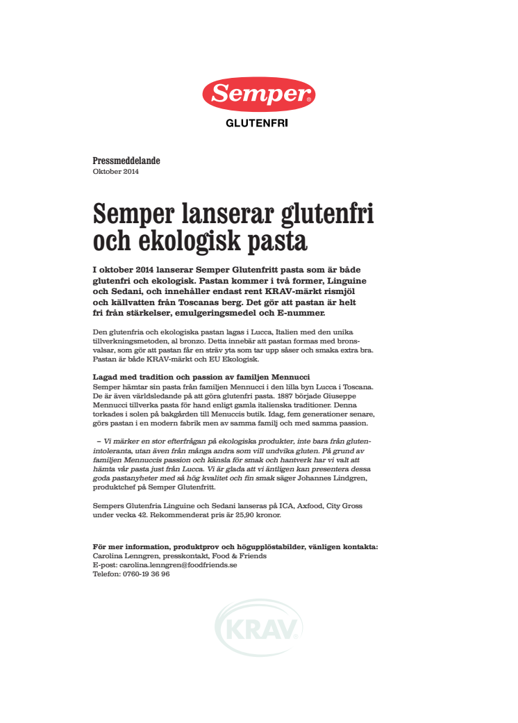 Semper lanserar glutenfri och ekologisk pasta