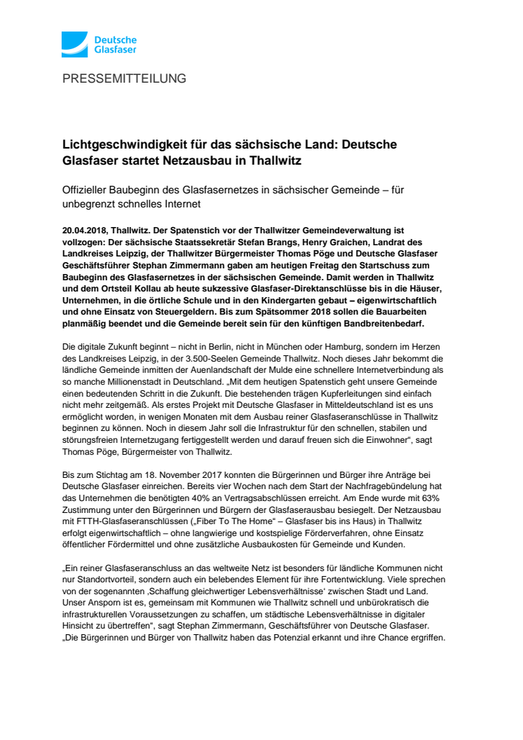 Lichtgeschwindigkeit für das sächsische Land: Deutsche Glasfaser startet Netzausbau in Thallwitz