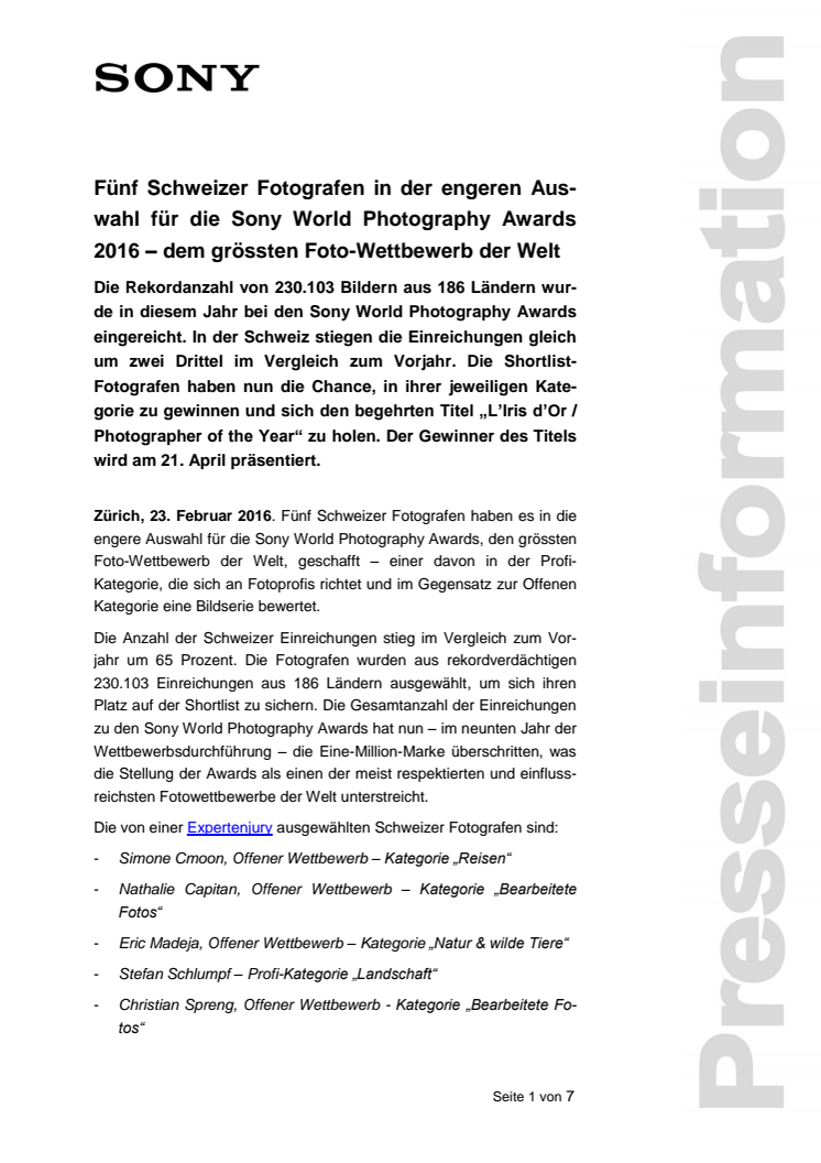 Fünf Schweizer Fotografen in der engeren Auswahl für die Sony World Photography Awards 2016 – dem grössten Foto-Wettbewerb der Welt