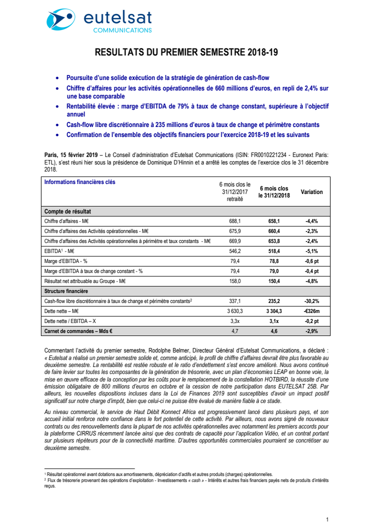 RESULTATS DU PREMIER SEMESTRE 2018-19