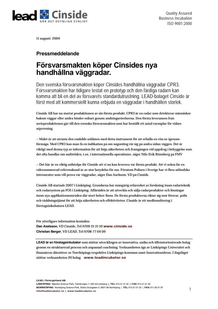 Försvarsmakten köper Cinsides nya handhållna väggradar