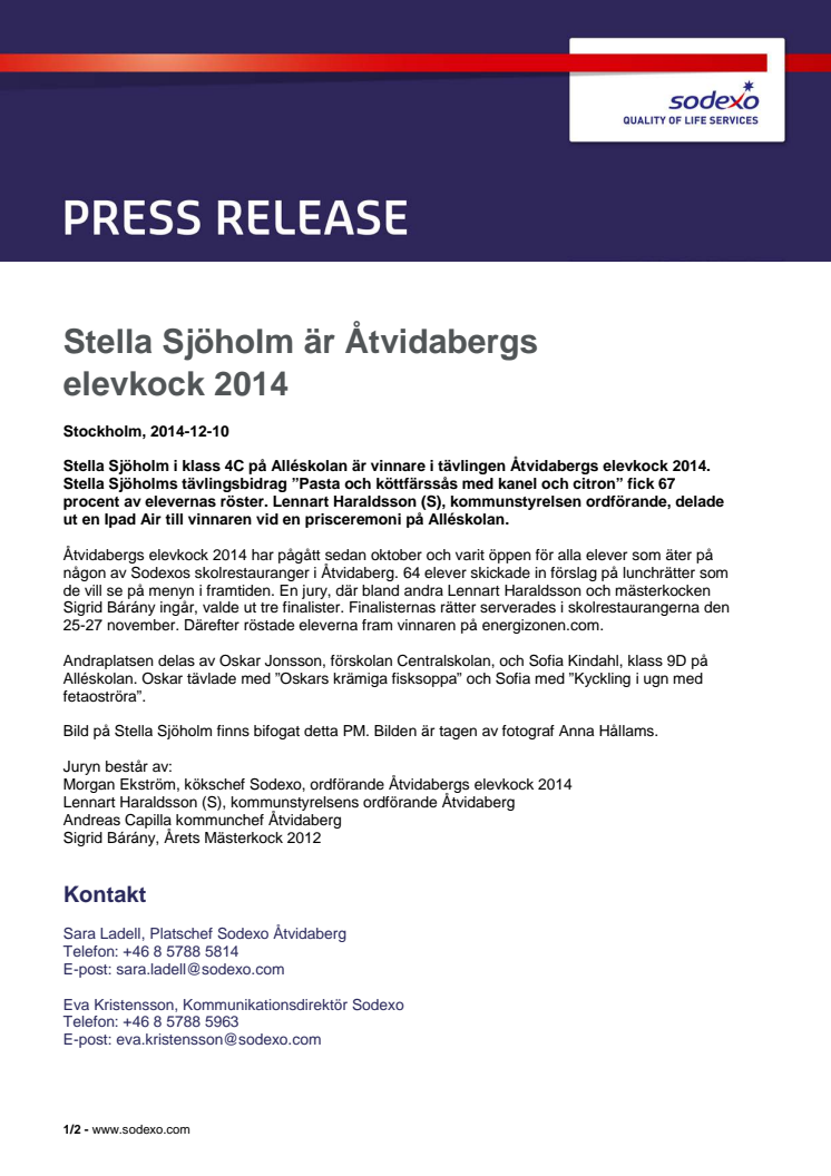 Stella Sjöholm är Åtvidabergs elevkock 2014