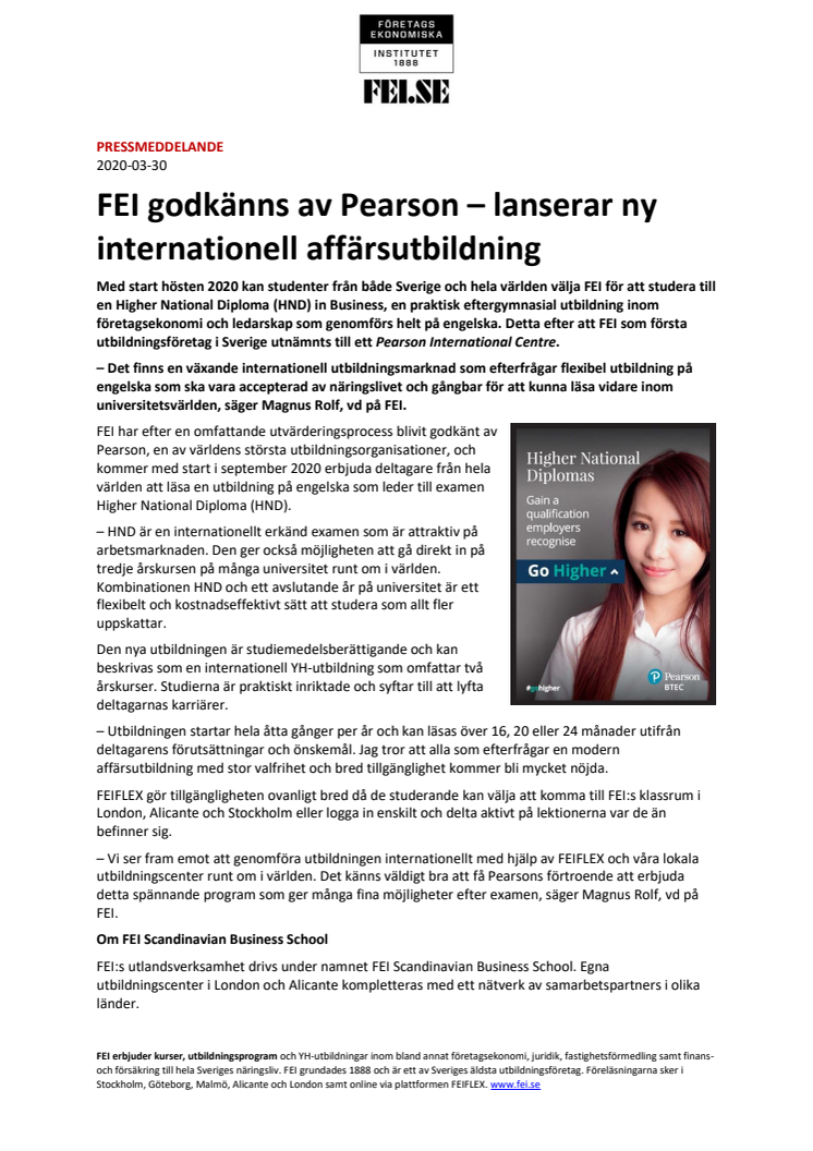 FEI godkänns av Pearson – lanserar ny internationell affärsutbildning