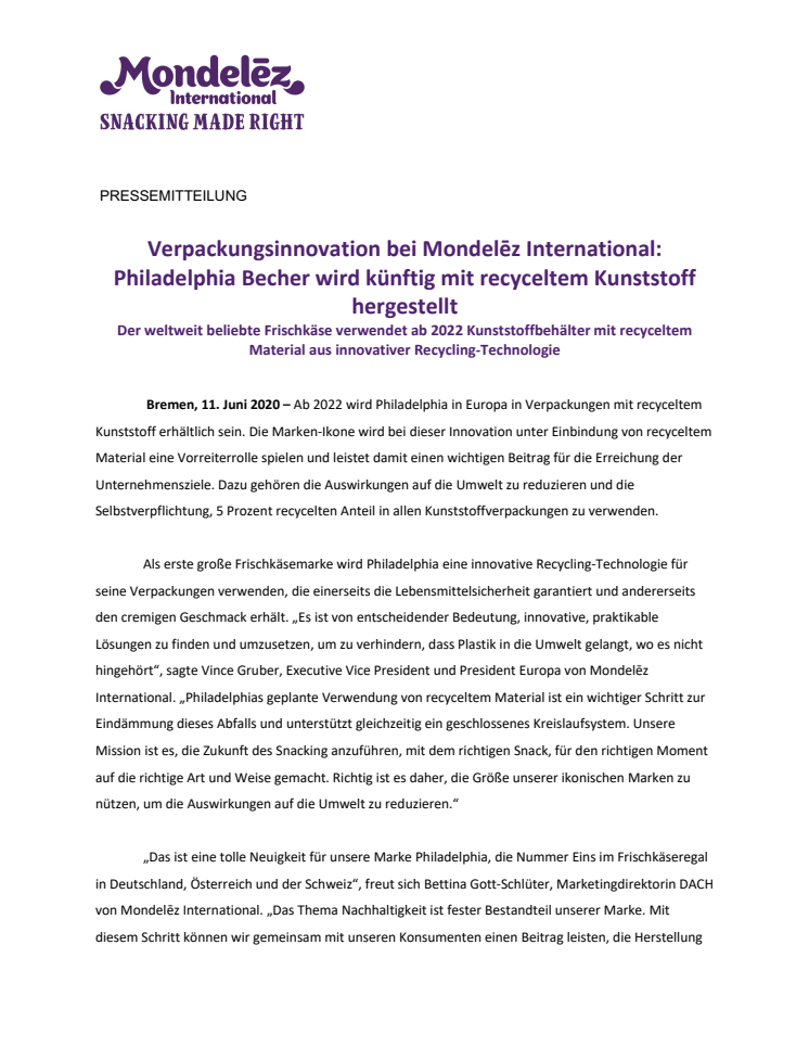 Verpackungsinnovation bei Mondelēz International: Philadelphia Becher wird künftig mit recyceltem Kunststoff hergestellt