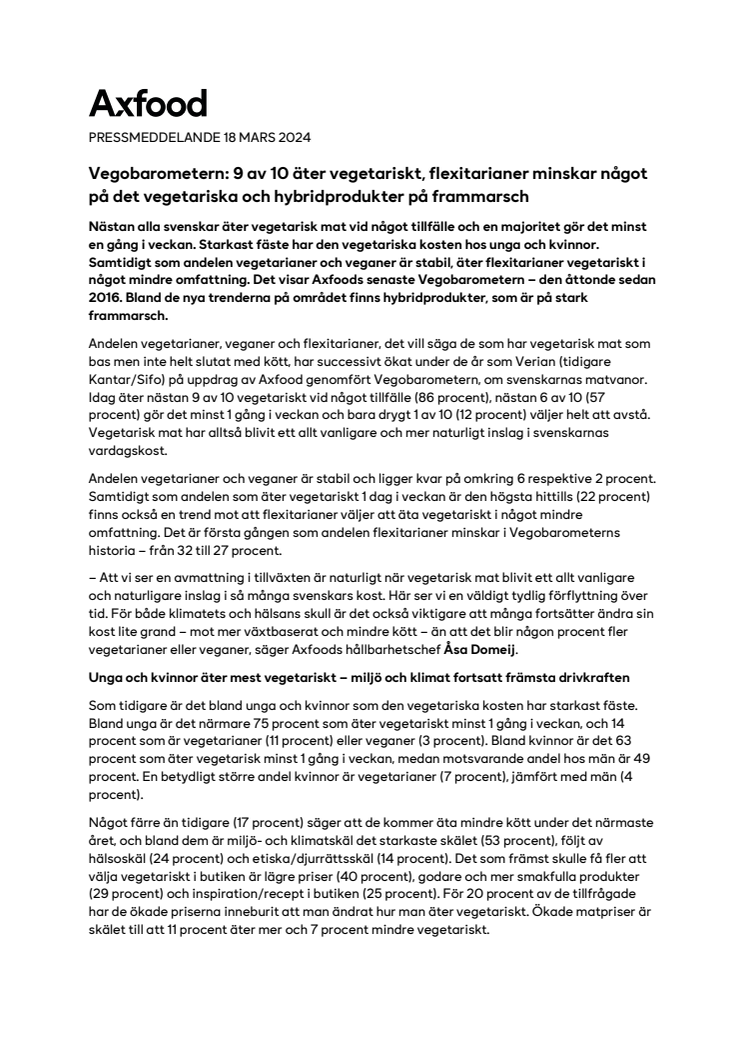 Vegobarometern- 9 av 10 äter vegetariskt, flexitarianer minskar något på det vegetariska och hybridprodukter på frammarsch .pdf