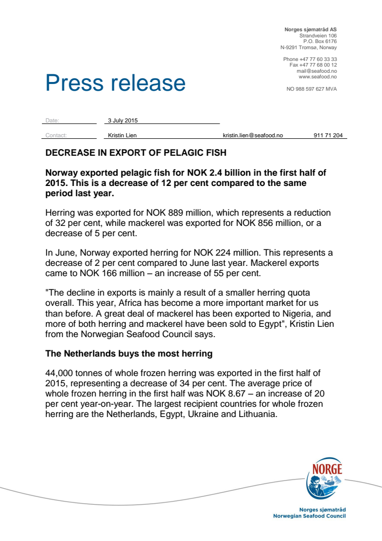 ​Decrease in export of pelagic fish